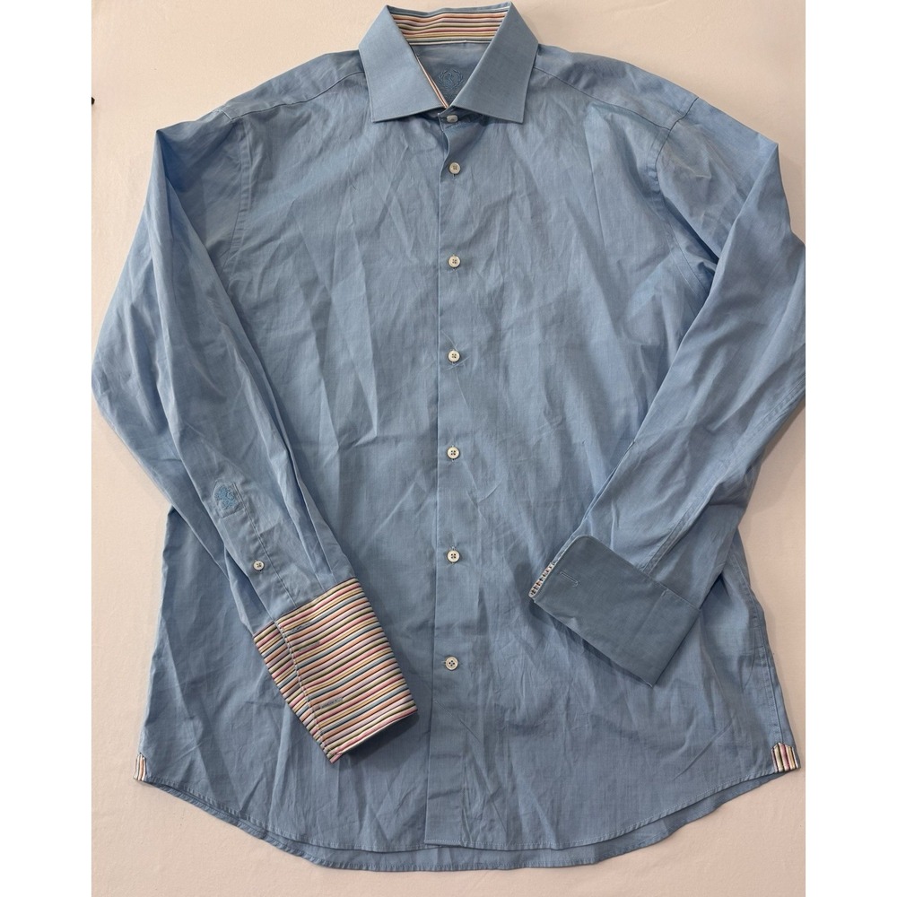 Bugatchi Uomo Blue Dress Shirt 17.5 34/35 100% Cotton Contrast Cuff Men's